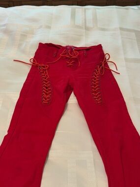 Edikted Red Lace-Up Flare Jeans